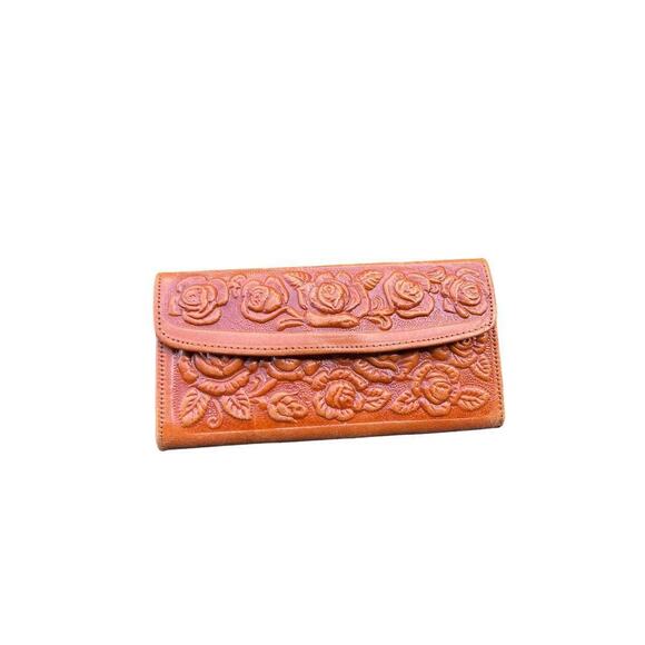 Artisan Tooled Flowers Leather Wallet - Made in Mexico - Credit Cards Coin Purse - Picture 1 of 7
